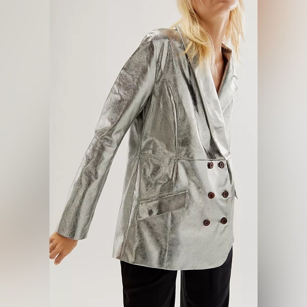 Free People Nicholas K Elise Blazer  metallic leather fabrication button detail